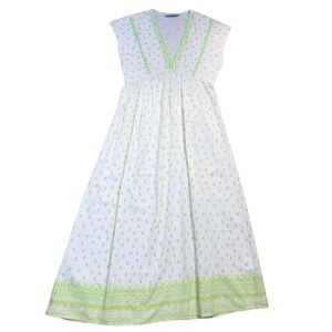 JL Luxe Paisley Print White Green Long Maxi Cotton Dress Size Large Boho Coastal